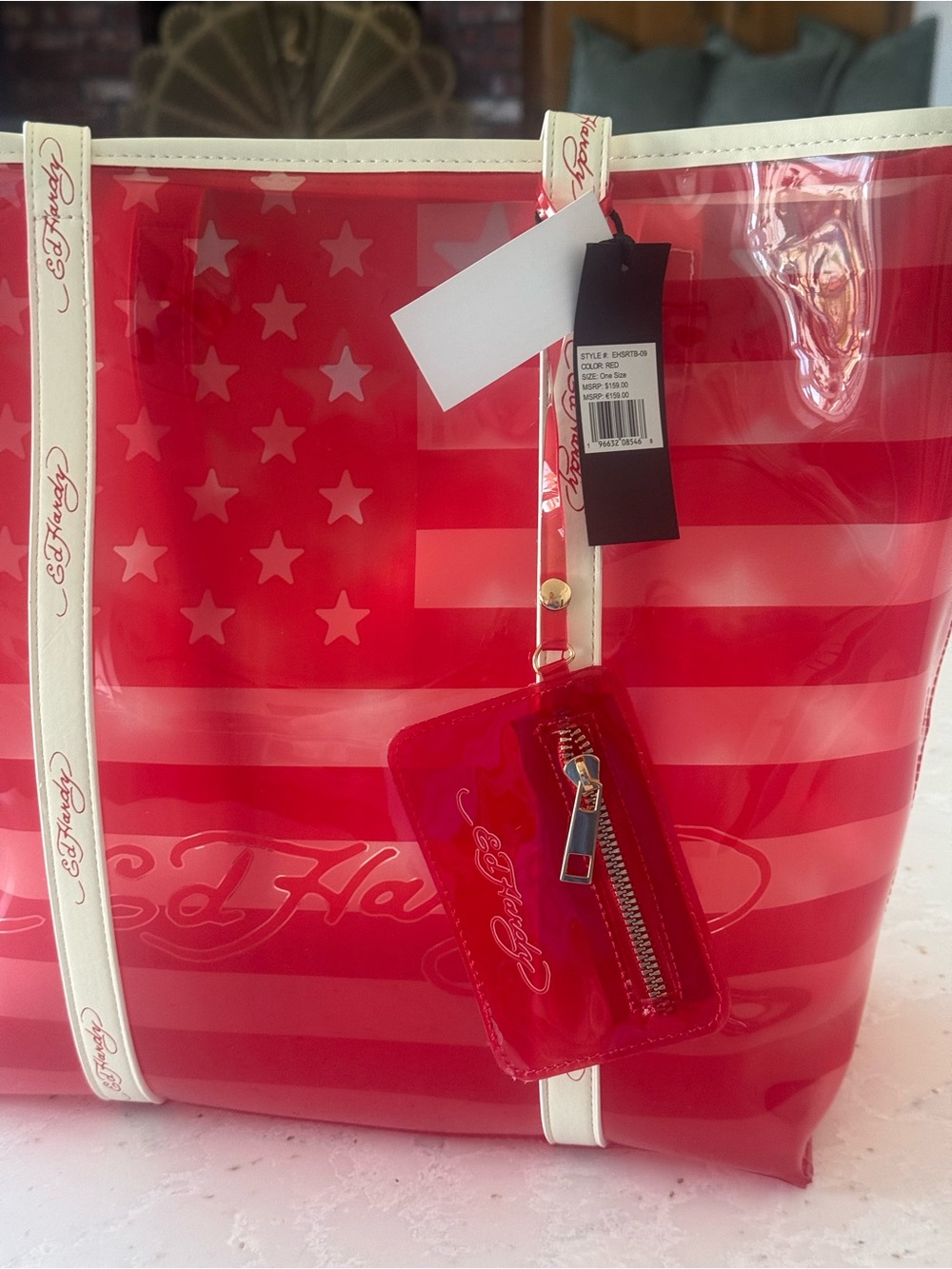 Ed Hardy Red Translucent Jelly Beach Tote Bag with Matching Zip Pouch NWT